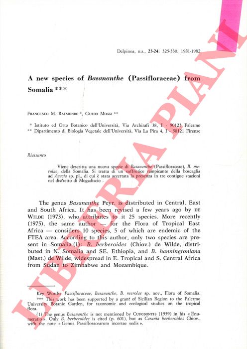 RAIMONDO Francesco M. - MOGGI Guido - - A new species of Basananthe (Passifloraceae) from Somalia.