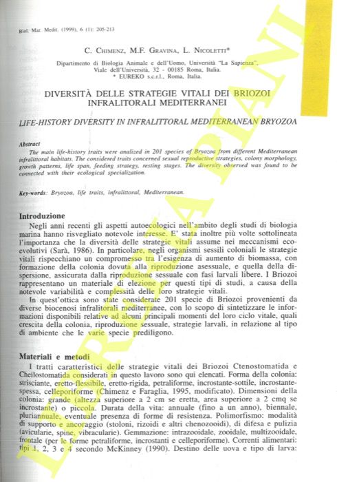 CHIMENZ C, GRAVINA M.F., NICOLETTI L. - - Diversit delle strategie vitali dei briozoi infralitorali mediterranei.