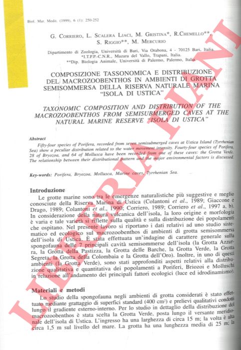 CORRIERO G., SCALERA LIACI L, GRISTINA M., CHEMELLO R., RIGGIO S., MERCURIO M. - - Composizione tassonomica e distribuzione del macrozoobenthos in ambienti di grotta semisommersa della Riserva Naturale Marina 