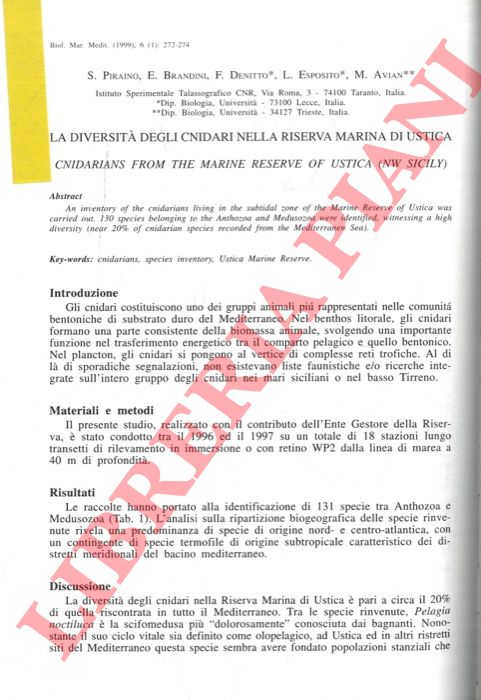 PIRAINO S., BRANDNI E, DENITTO F., AVIAN M. - - La diversit degli cnidari nella Riserva Marina di Ustica.