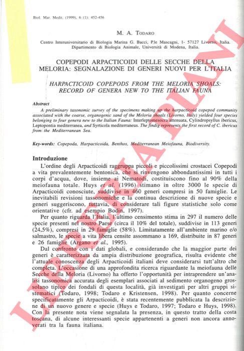 TODARO M. A. - - Copepodi Arpacticoidi delle Secche della Meloria: segnalazione di generi nuovi per l'Italia.