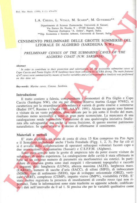 CHESSA L. A., VITALE L., SCARDI M., GUTIERREZ M. - - Censimento preliminare delle grotte sommerse del litorale di Alghero (Sardegna NW).
