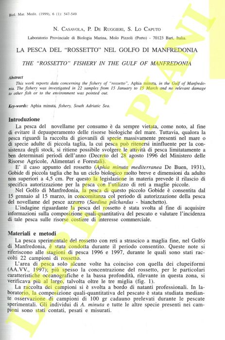 CASAVOLA N., DE RUGGIERI P., LO CAPUTO S. SGOBBA A. - - La pesca del 