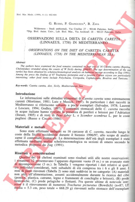 RUSSO G., GIANGUZZA P., ZAVA B. - - Osservazioni sulla dieta di Caretta caretta (Linnaeus, 1758) in Mediterraneo.