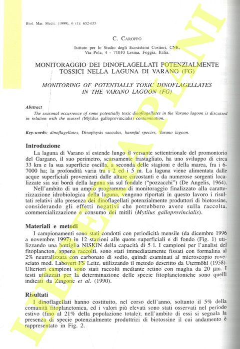 CAROPPO C. - - Monitoraggio dei dinoflagellati potenzialmente tossici nella Laguna di Varano (FG).