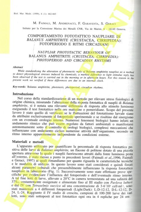FAIMALI M., ANDRENACCI M., GARAVENTA F., GERACI S. - - Comportamento fototattico naupliare di Balanus amphitrite (Crustacea, Cirripedia): fotoperiodo e ritmi circadiani.