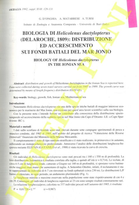 D'ONGHIA G. - MATARRESE A. - TURSI A. - - Biologia di Helicolenus dactylopterus (Delaroche, 1809): distribuzione ed accrescimento sui fondi batiali del Mar Jonio.