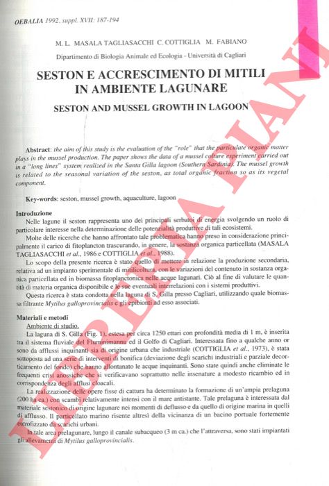 MASALA TAGLIASACCHI M.L. - COTTIGLIA C. - FABIANO M. - - Seston e accrescimento di mitili in ambiente lagunare.