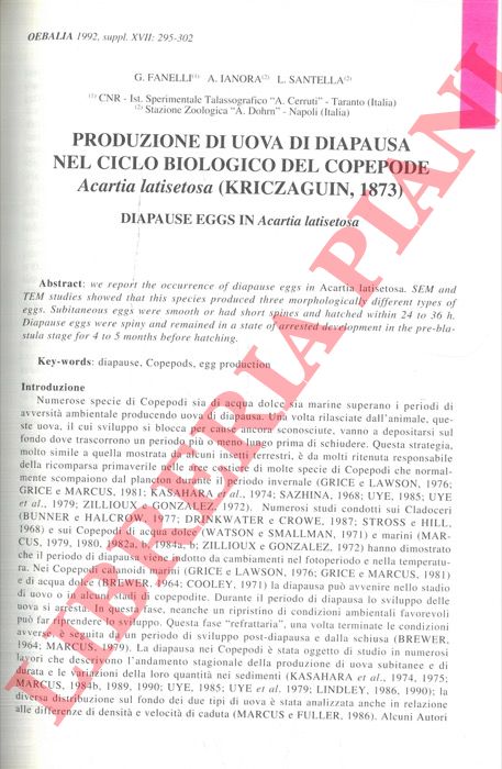 FANELLI G. - IANORA A. - SANTELLA L. - - Produzione di uova di diapausa nel ciclo biologico del Copepode Acartia latisetosa (Kriczaguin, 1873).