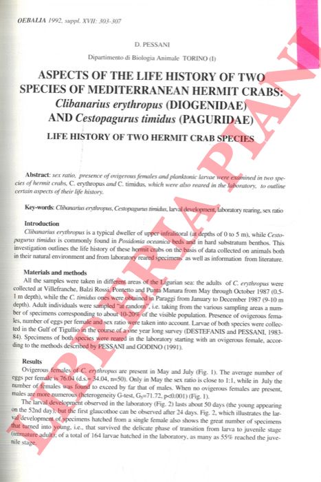 PESSANI D. - - Aspects of the life history of two species of mediterranean hermit crabs: Clibanarius erythropus (Diogenidae) and Cestopagurus timidus (Paguridae).