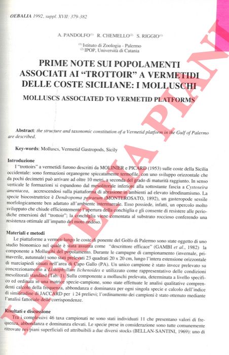 PANDOLFO A. - CHEMELLO R. - RIGGIO S. - - Prime note sui popolamenti associati ai 