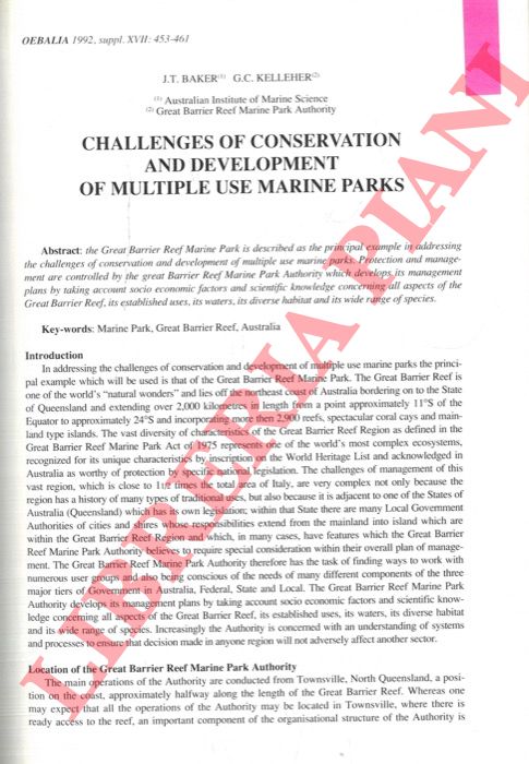 BAKER J.T. - KELLEHER G.C. - - Challenges of conservation and development of multiple use marine parks.