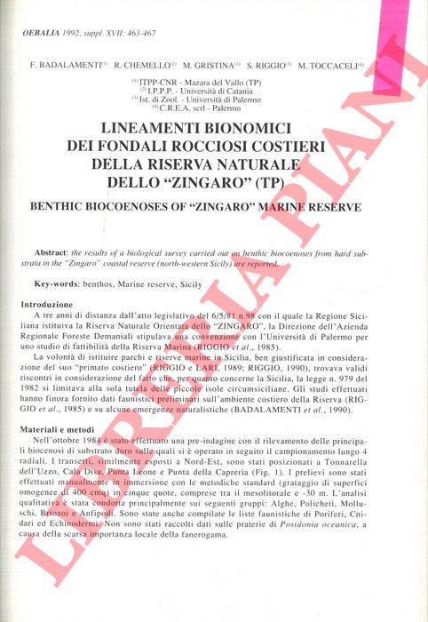 BADALAMENTI F., CHEMELLO R., GRISTINA M., RIGGIO S., TOCCACELI M. - - Lineamenti bionomici dei fondali rocciosi costieri della riserva naturale dello Zingaro (TP).