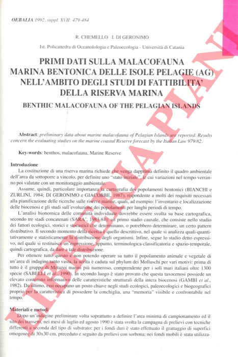 CHEMELLO R. - DI GERONIMO I. - - Primi dati sulla malacofauna marina bentonica delle Isole Pelagie (AG) nell'ambito degli studi di fattibilit della riserva marina.