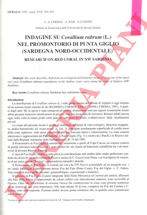 CHESSA L.A. - PAIS A. - CUDONI S. - - Indagine su Corallium rubrum (L.) nel promontorio di Punta Giglio (Sardegna nord-occidentale).