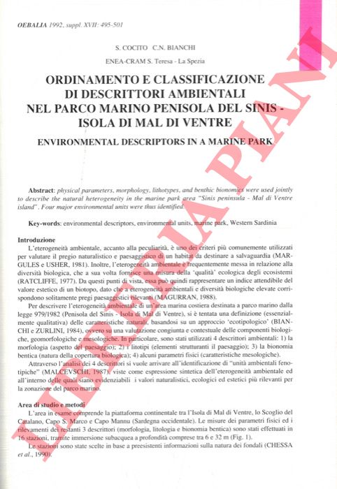 COCITO S. - BIANCHI C.N. - - Ordinamento e classificazione di descrittori ambientali nel parco marino Penisola del Sinis-Isola di Mal di Ventre.