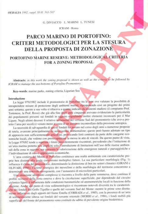 DIVIACCO G. - MARINI L. - TUNESI L. - - Parco marino di Portofino: criteri metodologici per la stesura della proposta di zonazione.