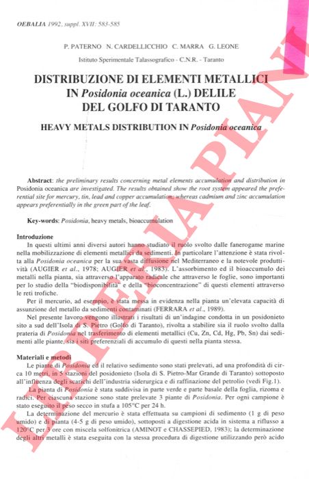 PATERNO P., CARDELLICCHIO N., MARRA C., LEONE G. - - Distribuzione di elementi metallici in Posidonia oceanica (L.) Delile del Golfo di Taranto.