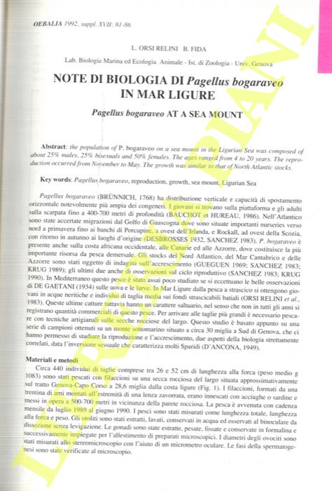 ORSI RELINI L. - FIDA B. - - Note di biologia di Pagellus bogarveo in Mar Ligure.
