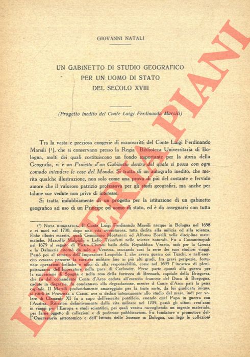 NATALI Giovanni - - Un gabinetto di studio geografico per un uomo di stato del secolo XVIII (progetto inedito del Conte Luigi Ferdinando Marsili).