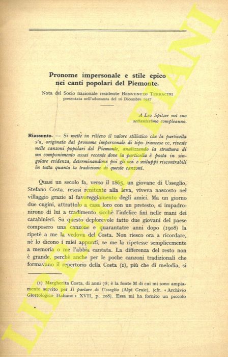 TERRACINI Benvenuto - - Pronome impersonale e stile epico nei canti popolari del Piemonte.