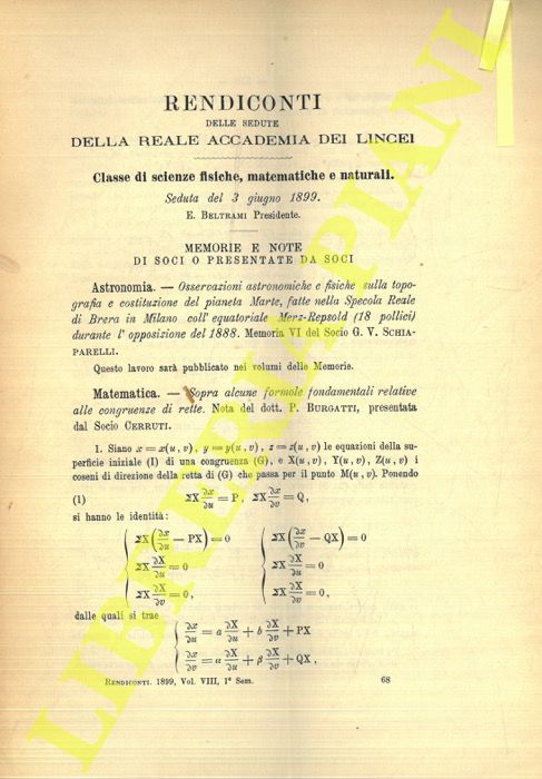SCHIAPARELLI G.V. - - Osservazioni astronomiche e fisiche sulla topografia e costituzione del pianeta Marte, fatte nella Specola Reale di Brera in Milano coll'equatoriale Merz-Repsold (18 pollici) durante l'opposizione 1888.