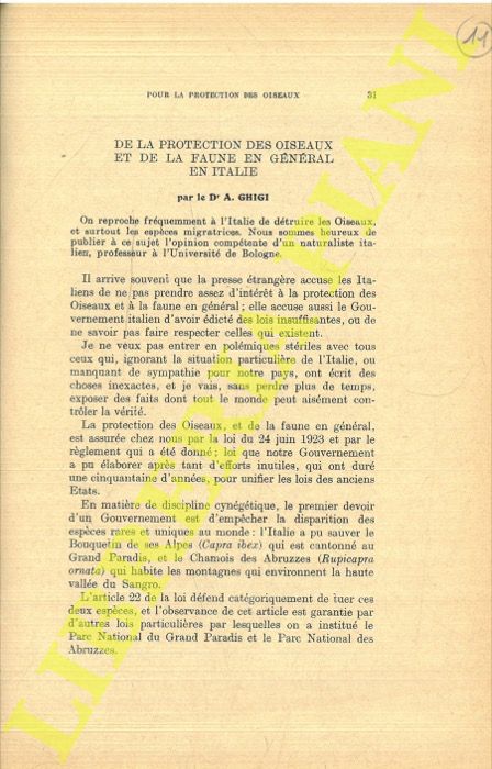 GHIGI Alessandro - - De la protection des oiseaux et de la faune en gnral en Italie.