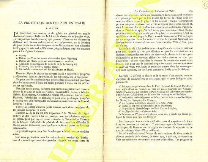 GHIGI Alessandro - - La protection des oiseaux en Italie.