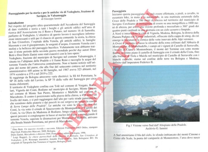 IANNINI Giuseppe - - Passeggiando per la storia e per le antiche vie di Vedegheto, frazione di Savigno, in Valsamoggia.