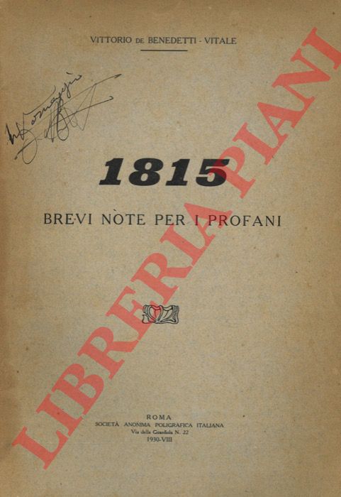 DE BENEDETTI VITALE Vittorio - - 1815. Brevi note per i profani.