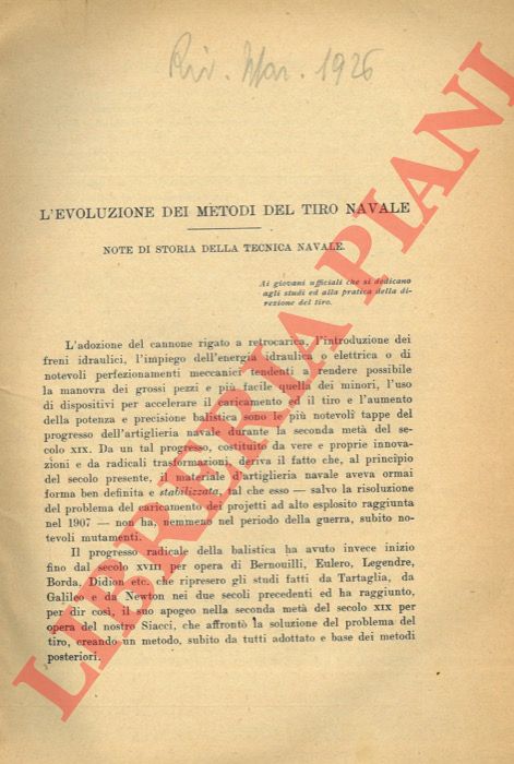 SIMION Ernesto - - L'evoluzione dei metodi del tiro navale. Note di storia della tecnica navale.