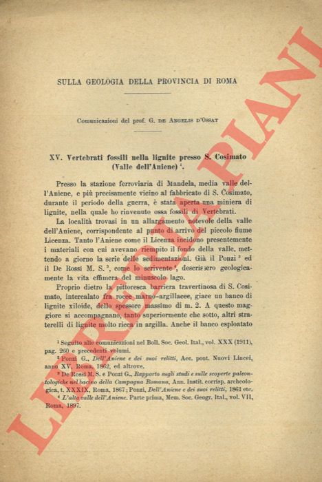 DE ANGELIS D'OSSAT G. - - Sulla geologia della provincia di Roma. Vertebrati fossili nella lignite presso S. Cosimato (Valle dell'Aniene).