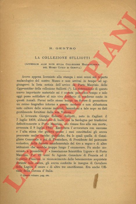 GESTRO R(affaello) - - La collezione Sulliotti. (e Note sulla collezione malacologica del Museo di Genova)