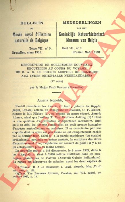 DUPUIS Paul - - Description de mollusques nouveaux recueillis au cours du voyage de S.A.R. le Prince Leopold du Belgique aux Indes Orientales Neerlandaises. (1er et 2me note)