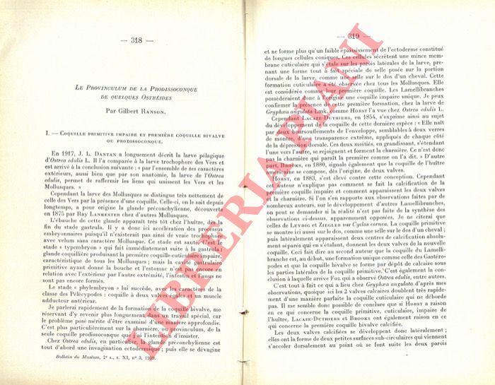 RANSON Gilbert - - Le provinculum de la prodissoconque de quelques ostrides.