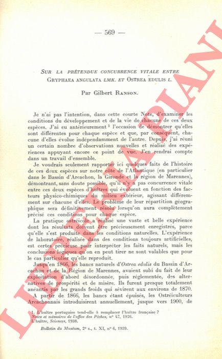 RANSON Gilbert - - Sur la prtendue concurrence vitale entre Gryphaea angulata LMK. et Ostrea edulis L.