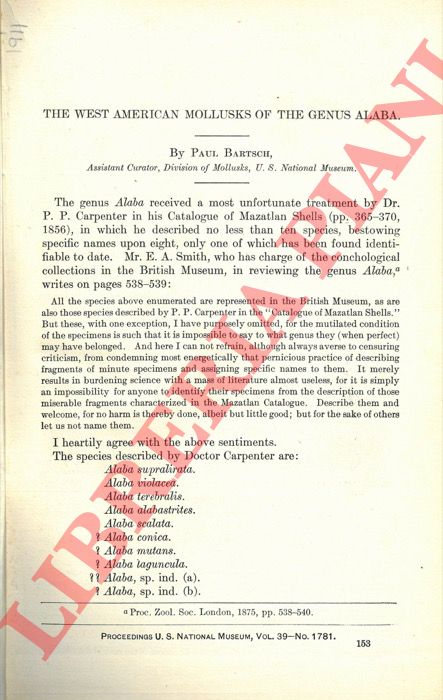 BARTSCH Paul - - The West American mollusks of the genus Alaba.