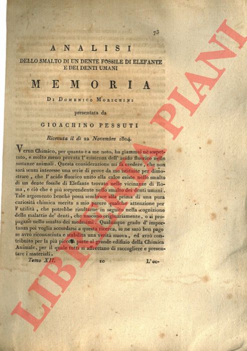 MORICHINI Domenico - - Analisi dello smalto di un dente fossile di elefante e dei denti umani. Memoria presentata da Gioachino Pessuti.