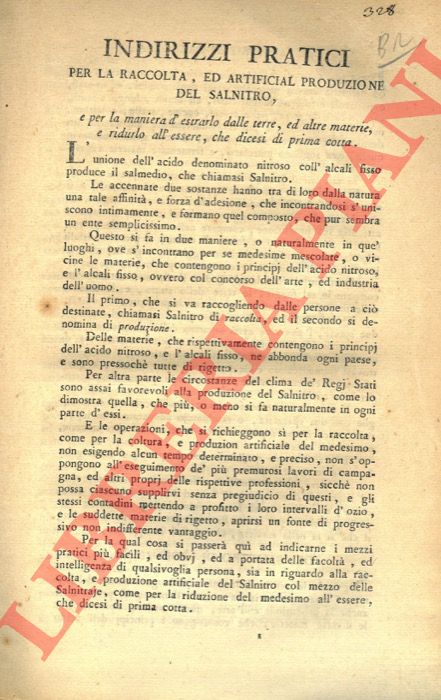 CANOVA - - Indirizzi pratici per la raccolta, ed artificial produzione del salnitro, e per la maniera d'estrarlo dalle terre, ed altre materie, e ridurlo all'essere, che dicesi essere di prima cotta.