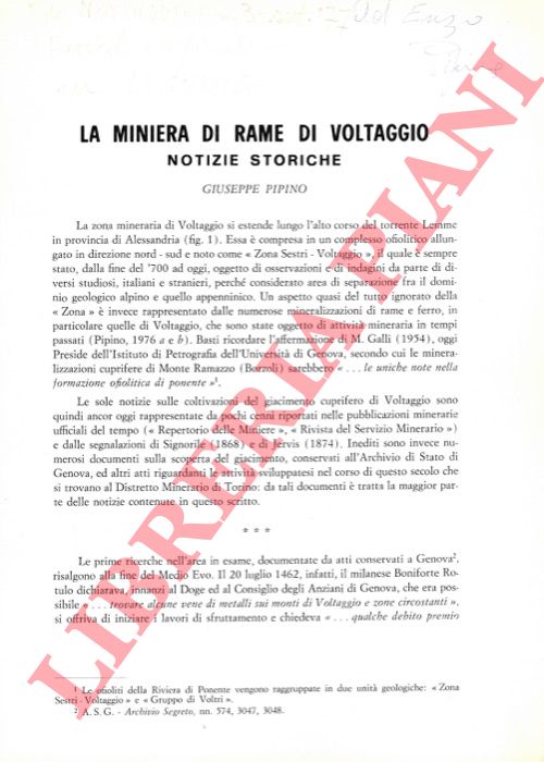 PIPINO Giuseppe - - La miniera di rame di Voltaggio (Alessandria). Notizie storiche.