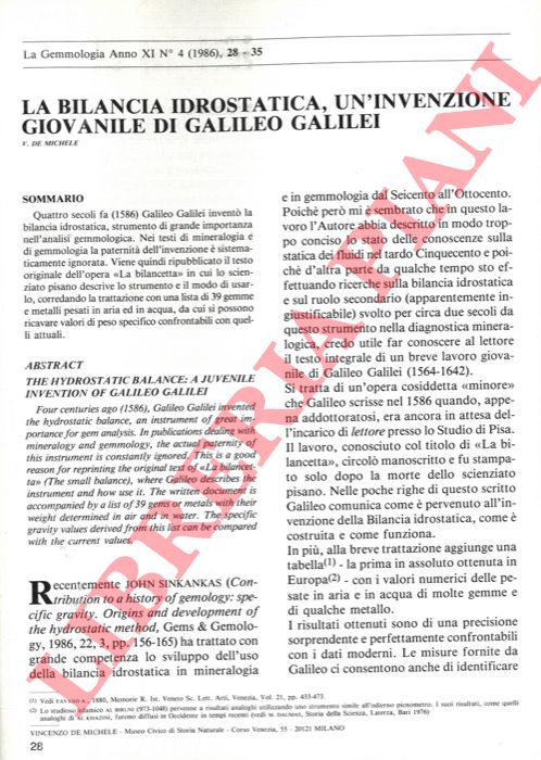 DE MICHELE V. - - La bilancia idrostatica, un'invenzione giovanile di Galileo Galilei.