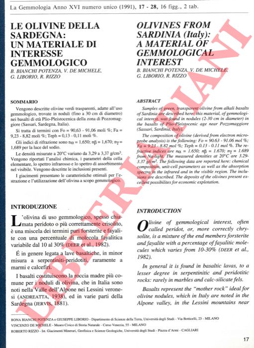 BIANCHI POTENZA B. - DE MICHELE V. - LIBORIO G. - RIZZO R. - - Le olivine della Sardegna: un materiale di interesse gemmologico. Olivines from Sardinia (Italy): a Material of Gemmological Interest.
