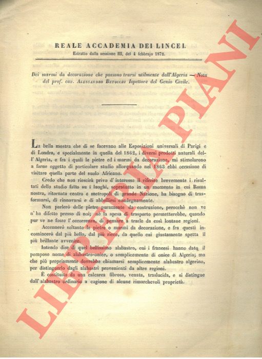 BETOCCHI Alessandro - - Dei marmi da decorazione che possono trarsi utilmente dall'Algeria.
