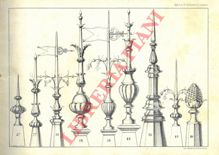 - - Parafulmini metallici ornamentali. Catalogo composto da 35 fogli in litografia illustrati da centinaia di figure riguardanti parafulmini e cornici e decorazioni (in gesso o altro materiale).