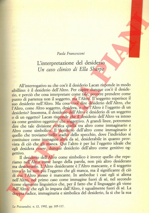 FRANCESCONI Paola - - L'interpretazione del desiderio: un caso clinico di Ella Sharpe.