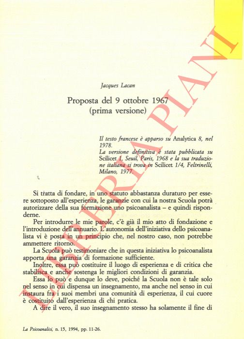 LACAN Jacques - - Proposta del 9 ottobre 1967 (prima versione).