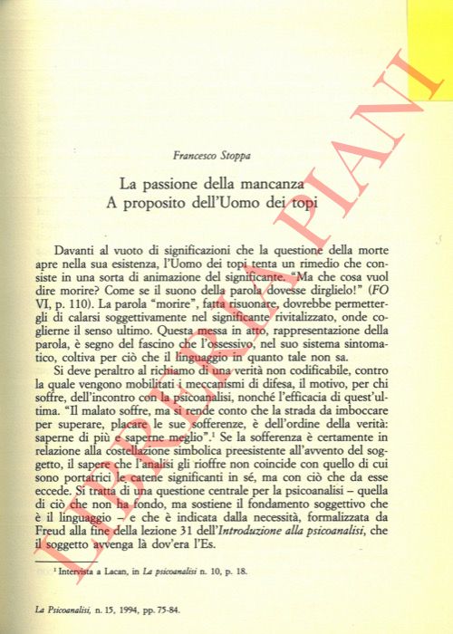 STOPPA Francesco - - La passione della mancanza. A proposito dell'Uomo dei topi.
