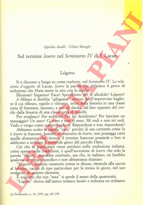 AVALLI Ippolita - MENGHI Cline - - Sul termine leurre nel Seminario IV di Jacques Lacan.