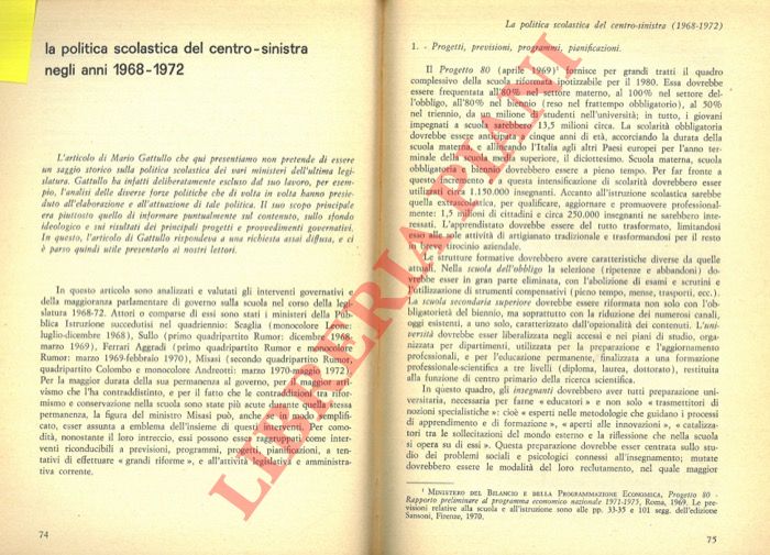 GATTULLO Mario - - La politica scolastica del centro-sinistra negli anni 1968-1972.