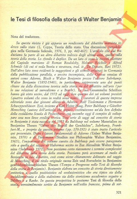 MENSCHING Gunther - - Le Tesi di filosofia della storia di Walter Benjamin.
